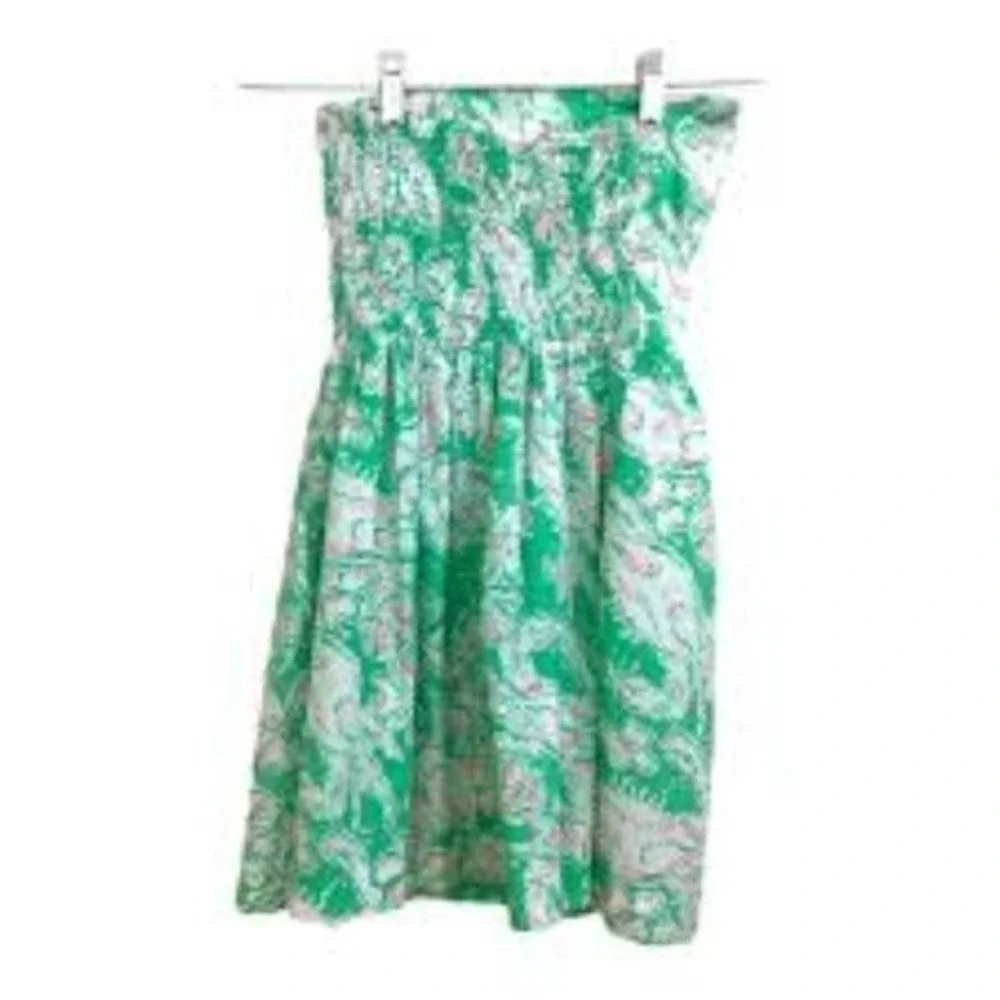 Lilly Pulitzer Strapless Dress Women's XS Green Floral Print Smocked Pleated - Picture 1 of 16